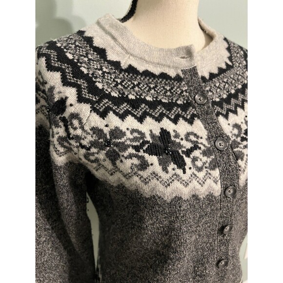 Eddie Bauer Gray Fair Isle Cardigan Sweater Wool Medium EUC - Picture 2 of 8